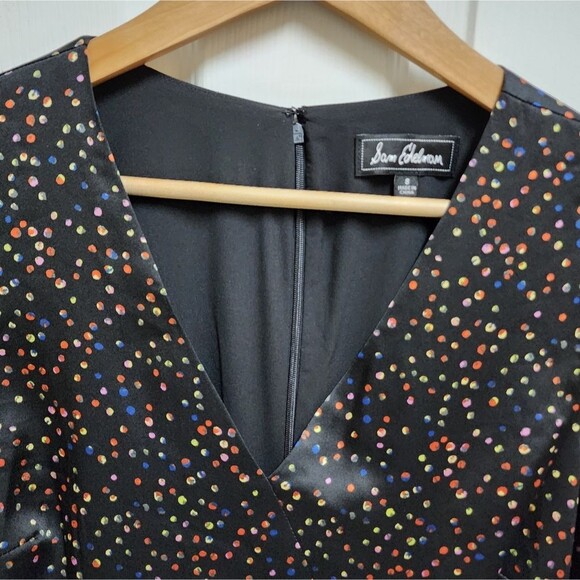 Sam Edelman Dress 8 Black Multicolor Dots V Neck Ruched Asymmetrical Zip Party - Picture 7 of 14